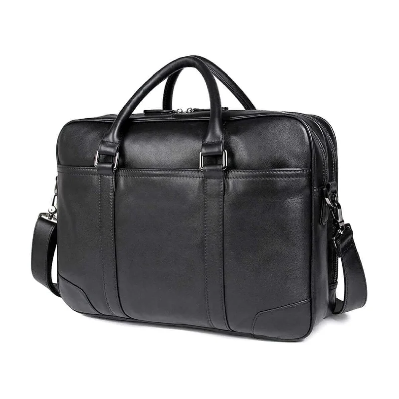 Black Leather Double-Zip Business Briefcase | Laptop Handbag