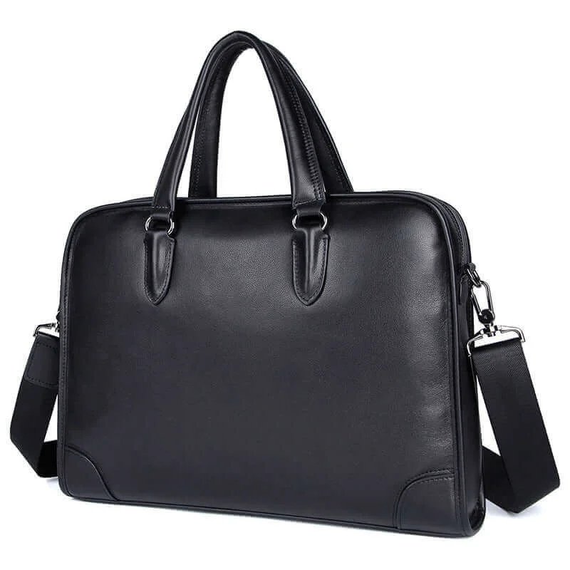 Black Leather Minimalist Work Briefcase - Sleek & Functional