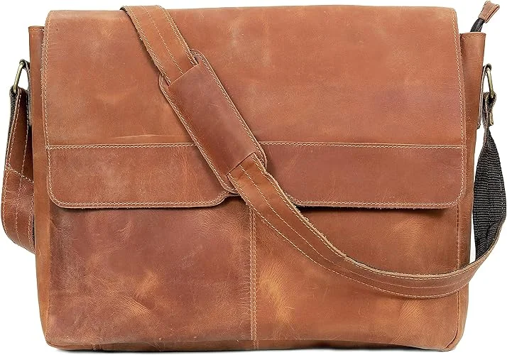 Classic Elegance: 18-Inch Vintage Leather Full Flap Messenger Laptop Bag - Vintage Leather Messenger bag - Retro Themed Messenger bag