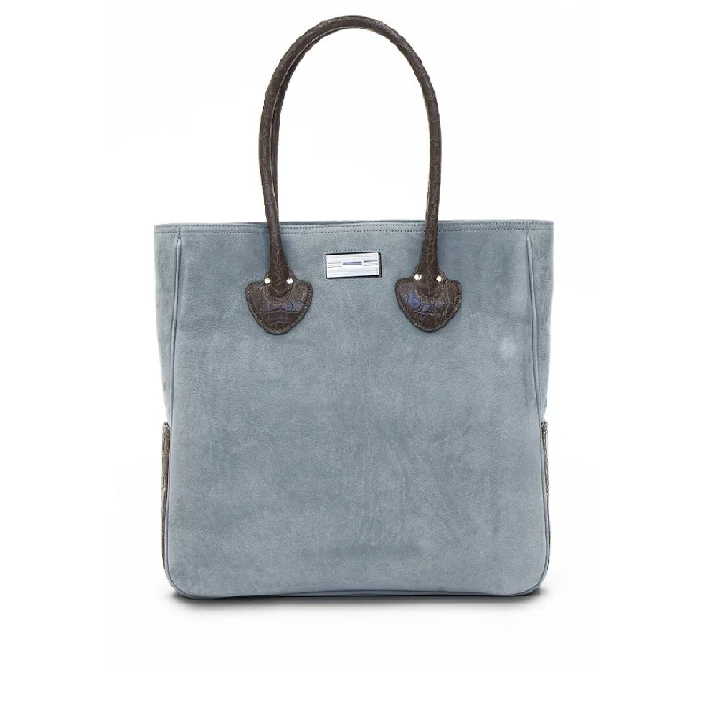 Essex Travel Tote Suede with Croc Trim, Denim Blue & Brown