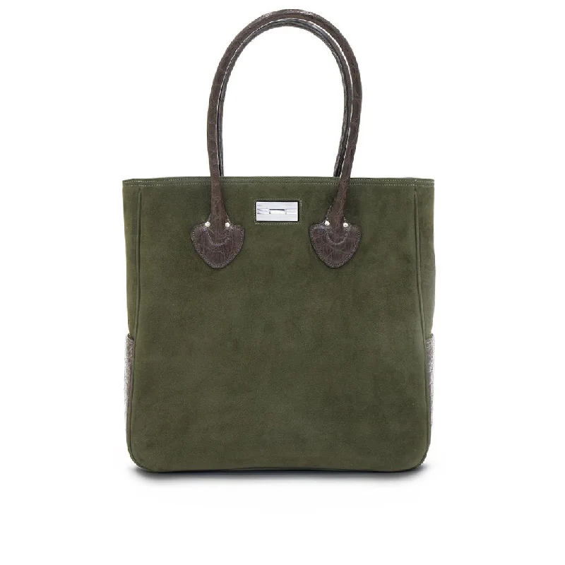 Essex Travel Tote Suede with Croc Trim, Olive & Brown