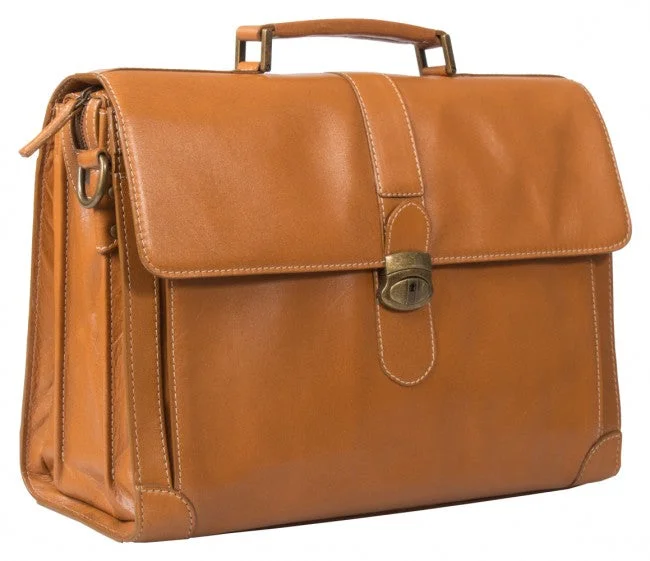 HIDEONLINE ELEGANT & LUXURIOUS ITALIAN TAN REAL LEATHER 17"" BRIEFCASE