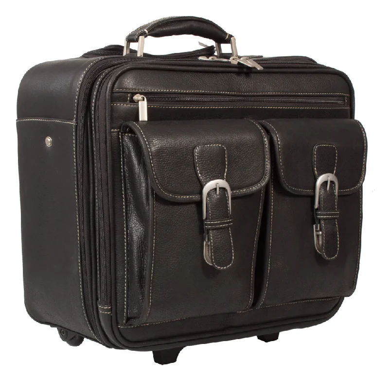 LEATHER TROLLEY CASE / WHEELED LAPTOP BUSINESS BAG IN BLACK