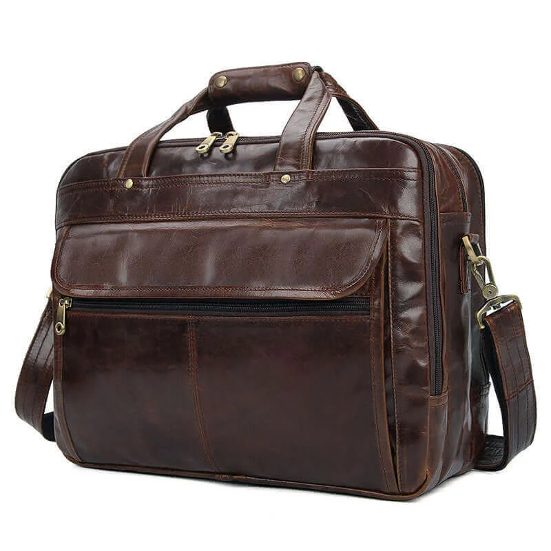 Coffee Brown Waxed Leather Business Briefcase Laptop Bag - Versatile Carry